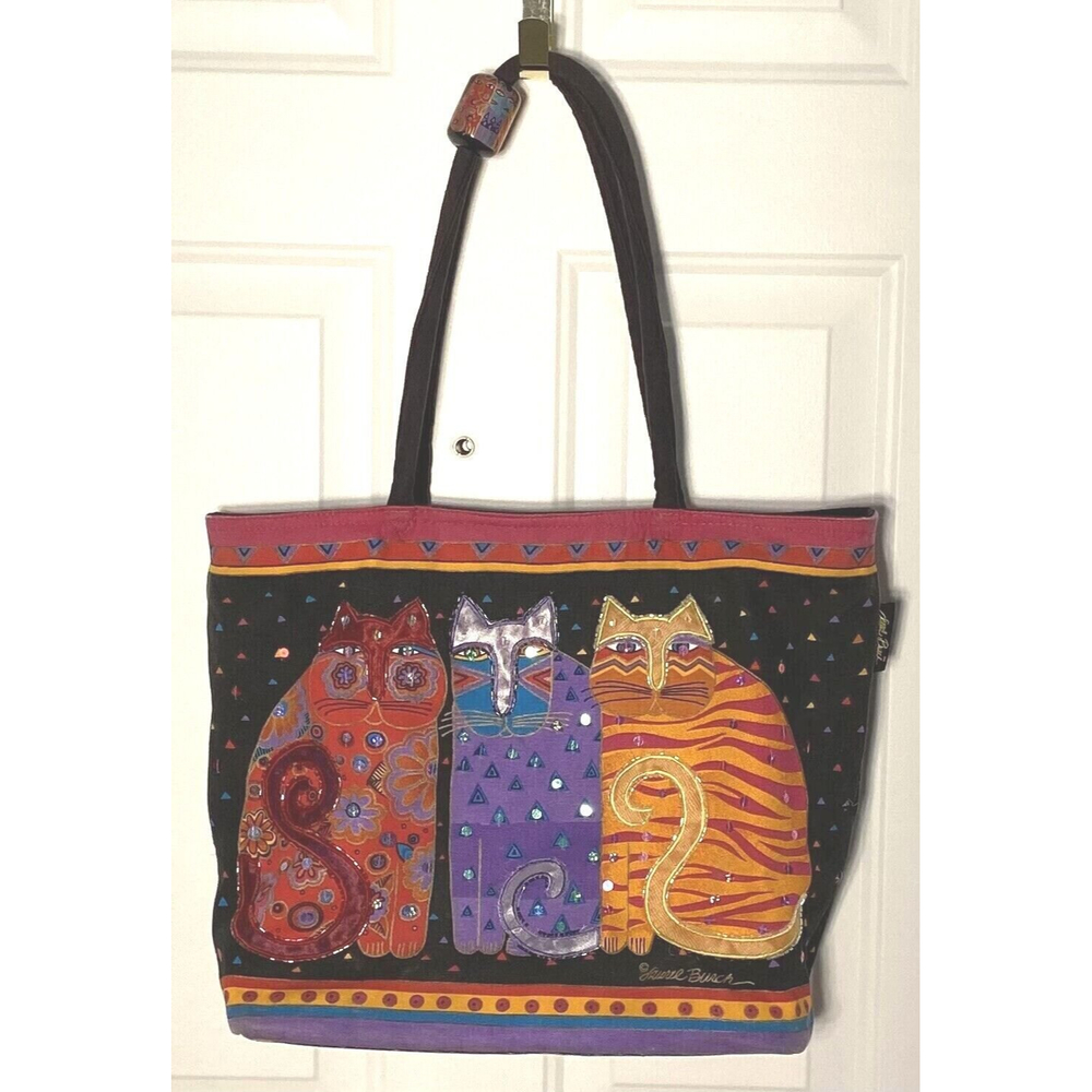 Laurel Burch Sun N Sand Sequin Cat Canvas Tote Shoulder Bag Wood Bead India